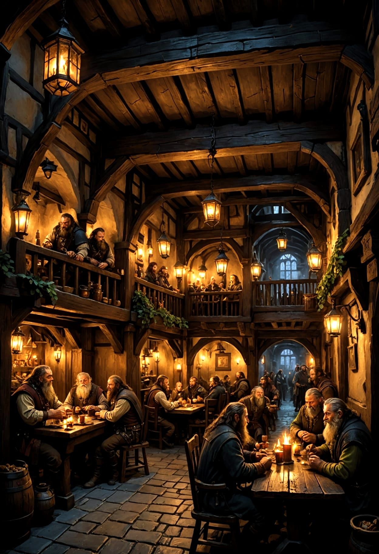 A bustling tavern interior, filled with patrons of various fantastical races.  by @BBlue