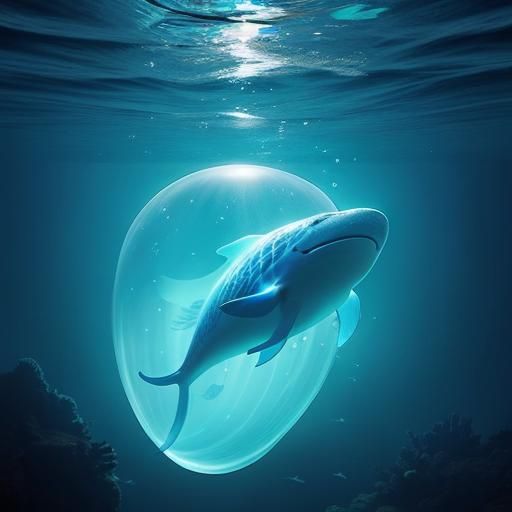 Underwater view of a huge fantastical glowing transparent gl...