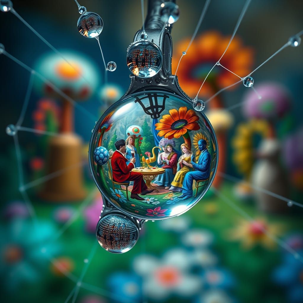 a macro shot of dewdrops clinging to a spider's web, reflecting a miniature, surreal utopia with ...  by @blenta