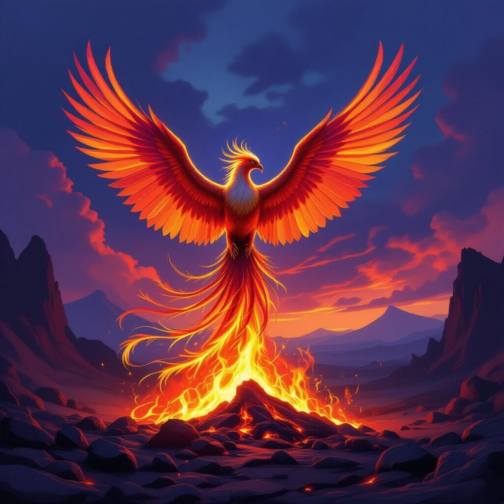 A majestic phoenix, its feathers shimmering with iridescent colors, is reborn from a pile of glowing embers and ash. The scene is set in a d...