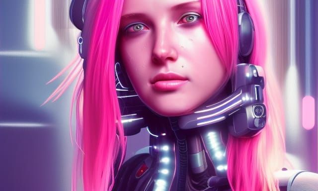 cute girl, pink hair, cybernetic body parts, cyberpunk 2077, neon ...