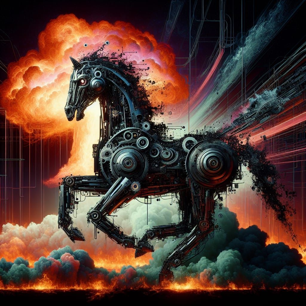 Grunge Cyberpunk Mechanical Horse Amidst Nuclear Explosion