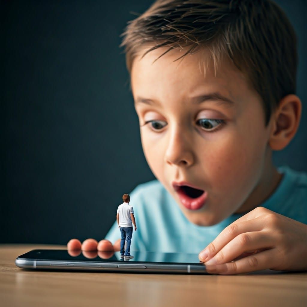 Boy Emerges From Phone in Hyperrealistic Portrait