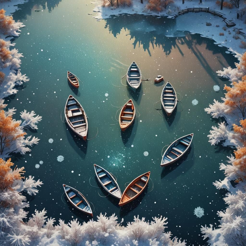 Frozen Lake with Boats in Pointillism Style