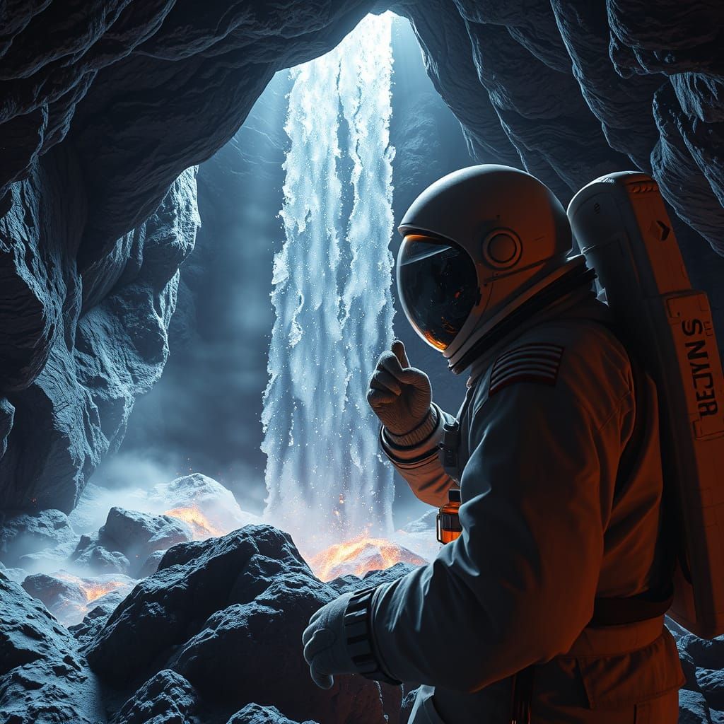 Photograph. Wide shot. A mesmerizing realistic moon elixir waterfall on the moon, lunar mist swirls inside, an astronaut in a weathered space..