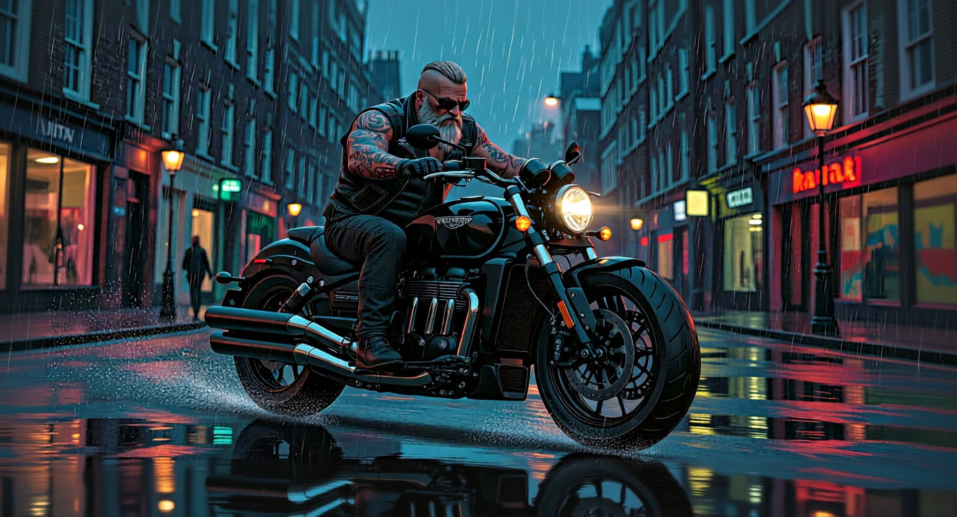 An old biker rides a Triumph Rocket 3 through a rainy London town at dusk