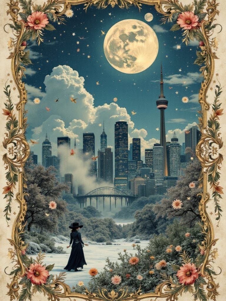 BLUE HAIRED WOMAN,  TORONTO SKYLINE IN WINTERTIME <lora:Auratum Prestige:0.7> auratum style vintage collage portrait ornate decorative borde...