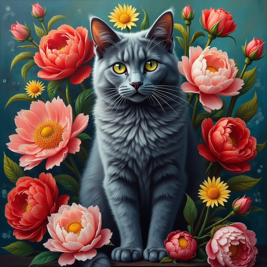 Regal Russian Blue Cat in a Lush Floral Bouquet, in the Styl...