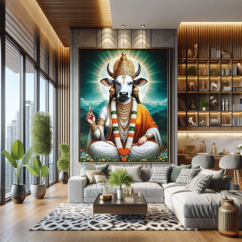 painting a hindu cow goddess in a modern penthouse