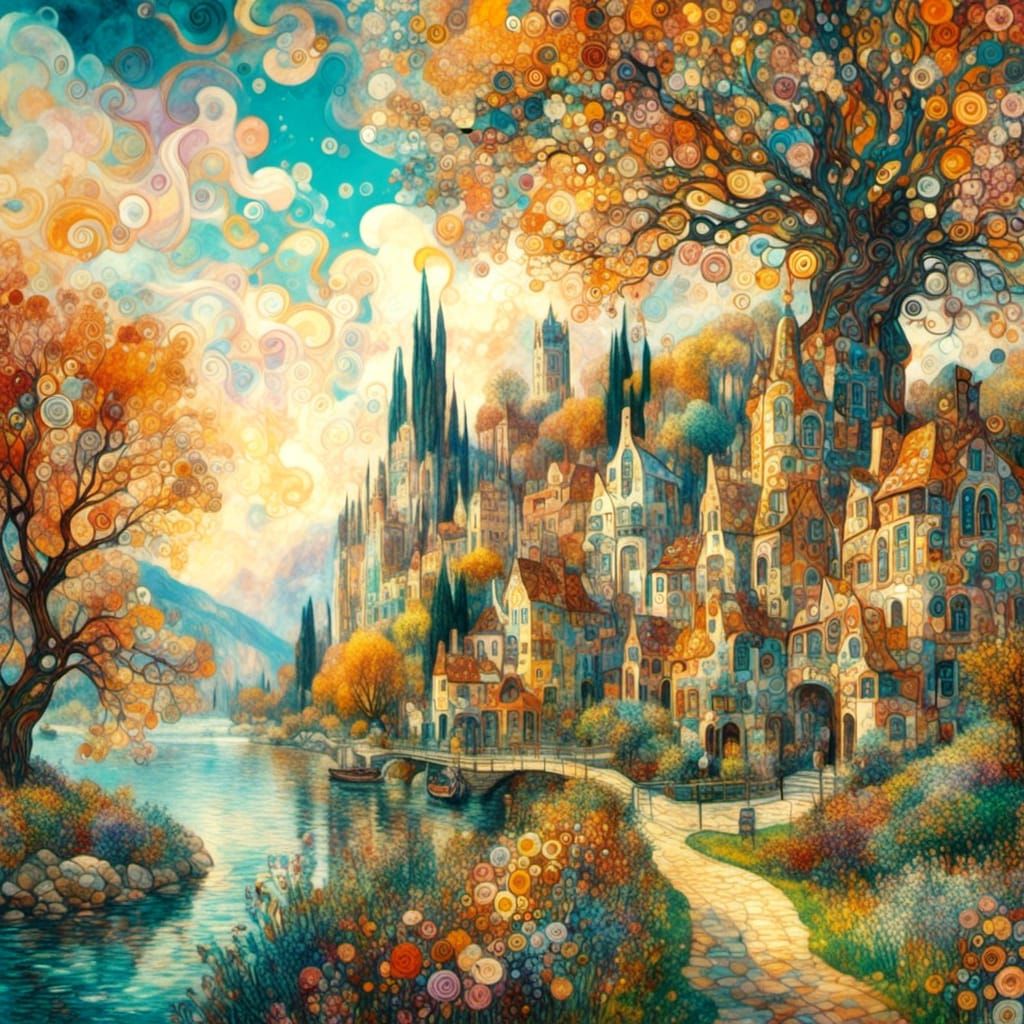 <lora:GustavKlimt1XL:1.0> riverside village tower trees flowers colorful 