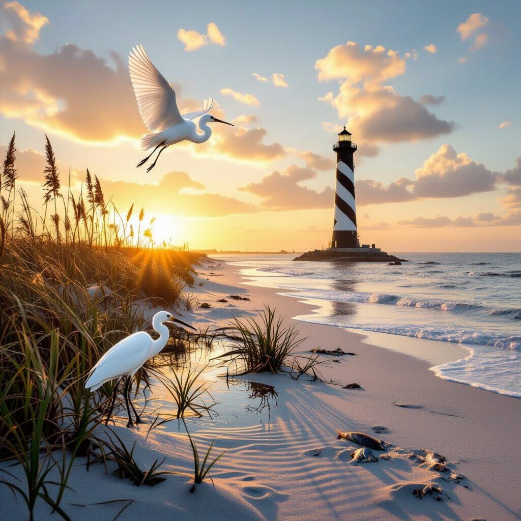 A white ibis flies over the sand dunes on a beach near the ocean on the right hand side of the picture, while the Geat Snowy Egret silently ...