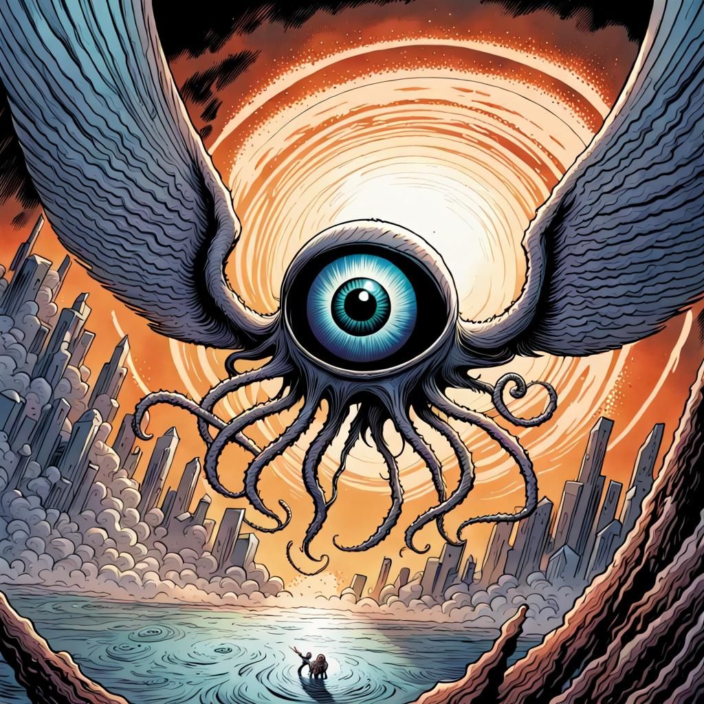 An big winged flying eyeball with tentacles squirming in the...