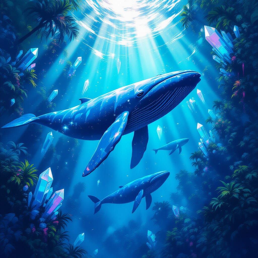 Viewed from above - Giant blue whales swimming through a forest of columnar crystal prisms. graffiti art, splash art, street art, spray pain...