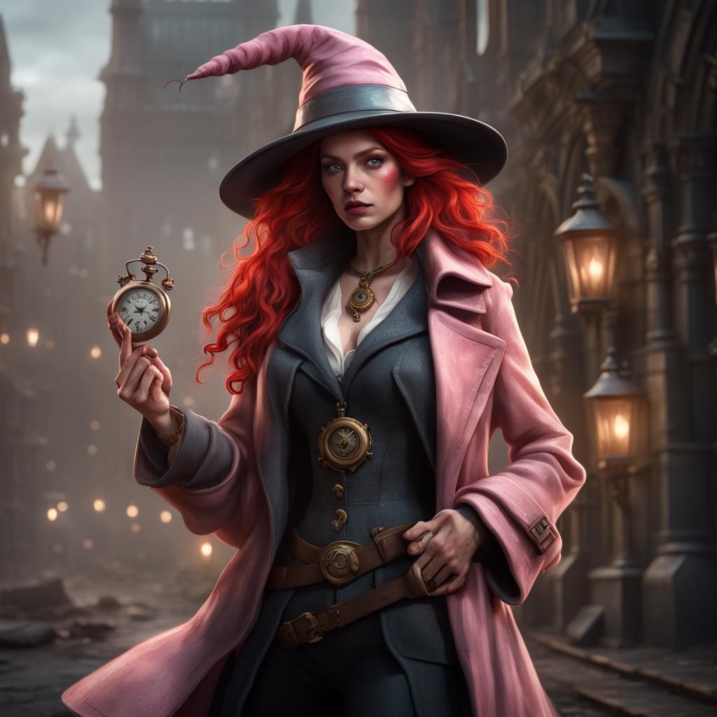 A Female Human Wizard With Red Hair, Pink Eyes, Freckles, And A Large 