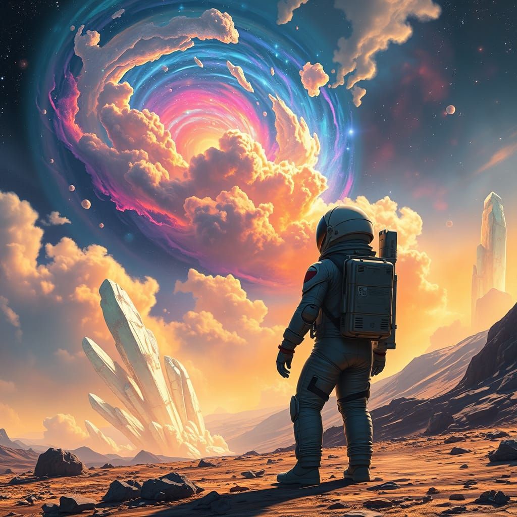 A lone astronaut stands on a desolate alien planet, gazing up at a swirling nebula filled with vibrant colors and otherw...