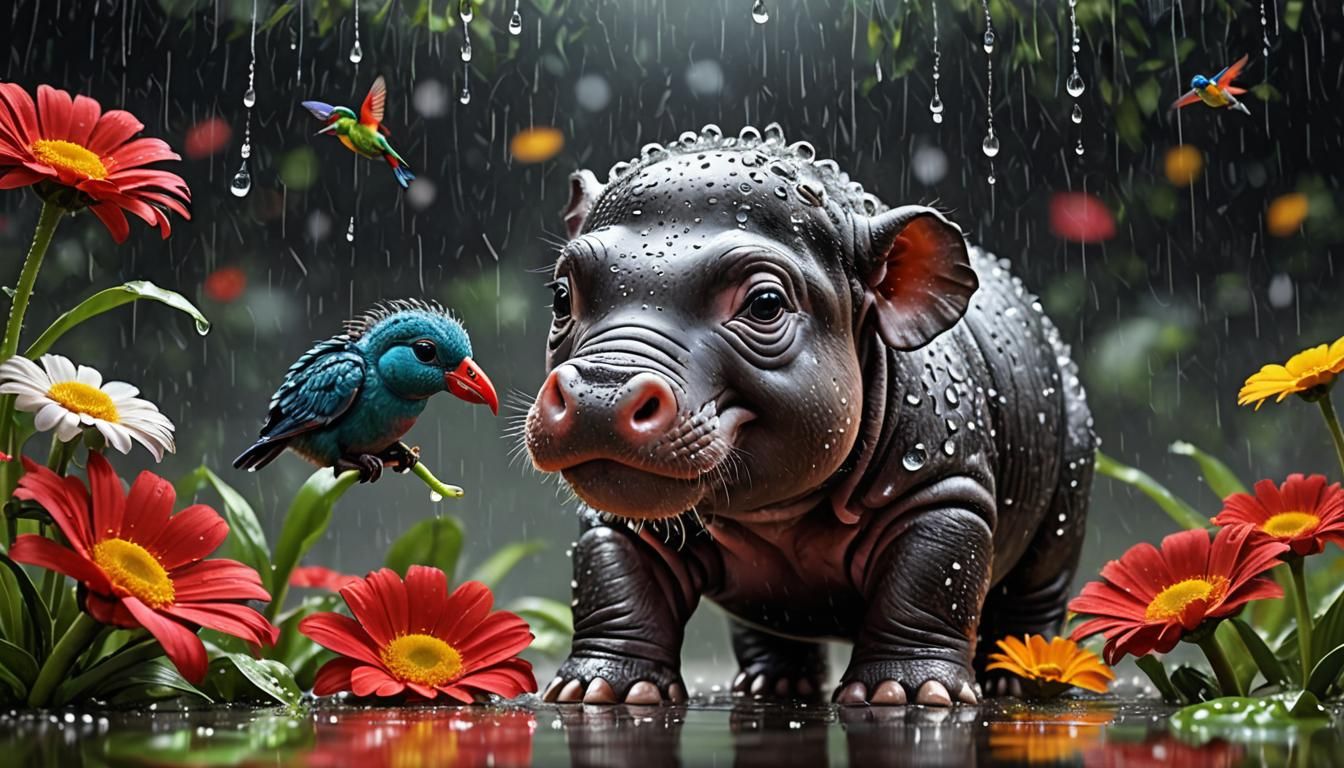Create a hyper realistic HD image of a rain-soaked scenery with a joyful baby hippopotamus resting on ...  by @daranee Sae-Tang