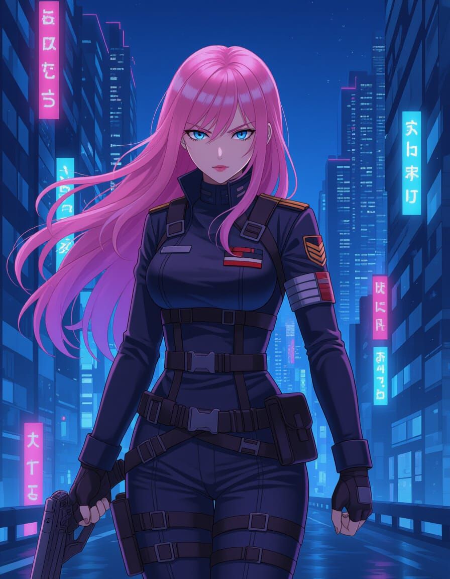 Futuristic Anime Warrior Patrolling Noctilucent City