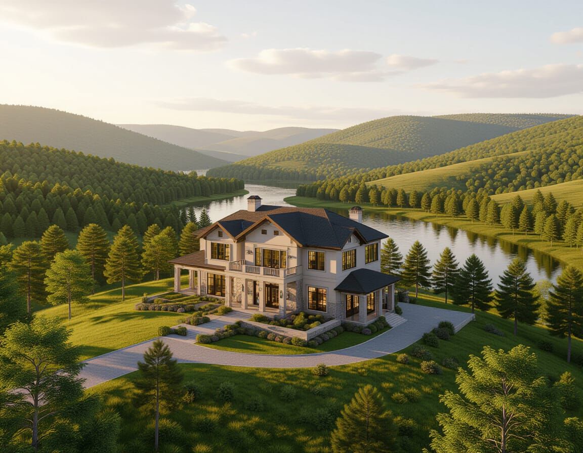 Grand House in Lush Landscape, Romantic Painting Style