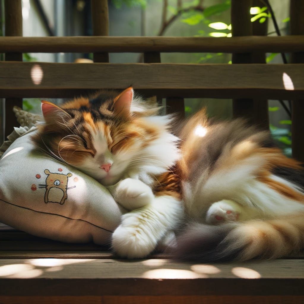 Sleeping cat on a bench in the forest  by @Rich Nanya