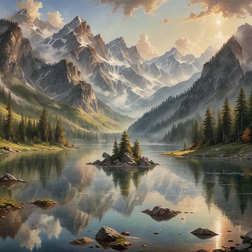 Create image a breathtaking mountain landscape featuring majestic snow-capped peaks, lush green valleys, ...  by @Nednut4362