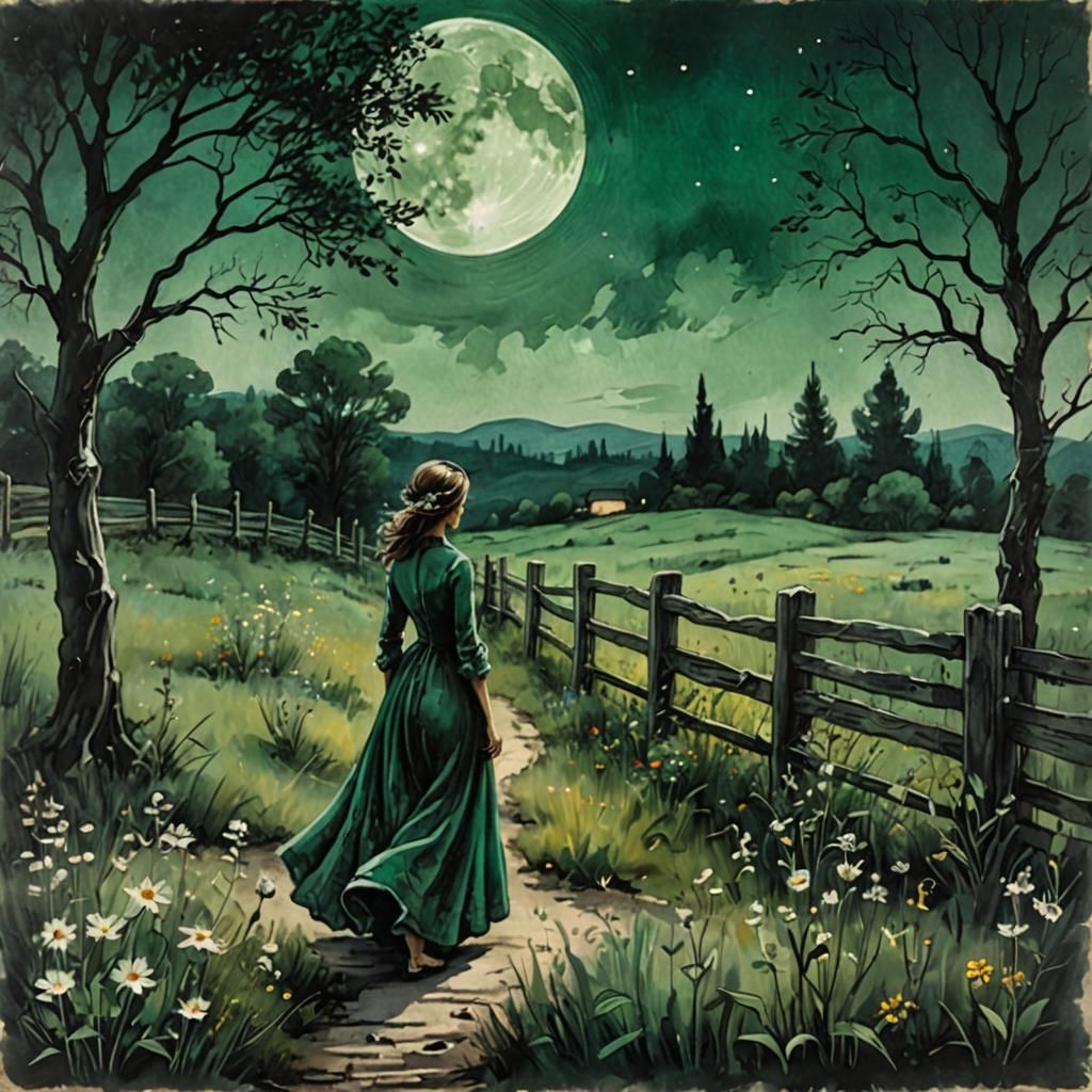 Midnight Moonlight, a meadow covered in wildflowers, deep ri...