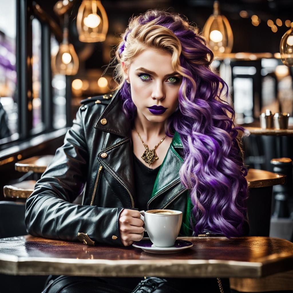 Valkyrie with Viking features, wavy golden hair that has pur...