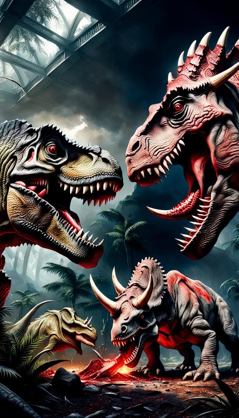Tyrannosaurus rex eats bloodied Triceratops ,  prehistoric a...
