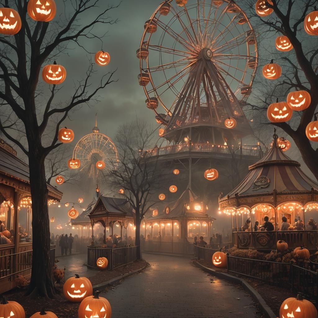 Eerie Haunted Amusement Park Aglow with Jack-o-Lanterns