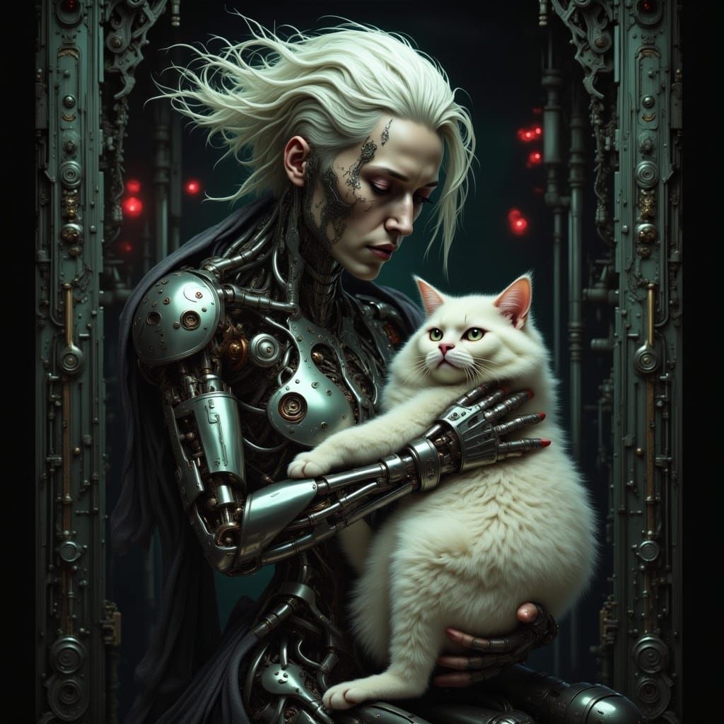 machine cyborg android old lady holding a fluffy fat cat by Luis Royo and Junji Ito and Kentaro Miura and Beksinski and Giger <lora:Intricat...