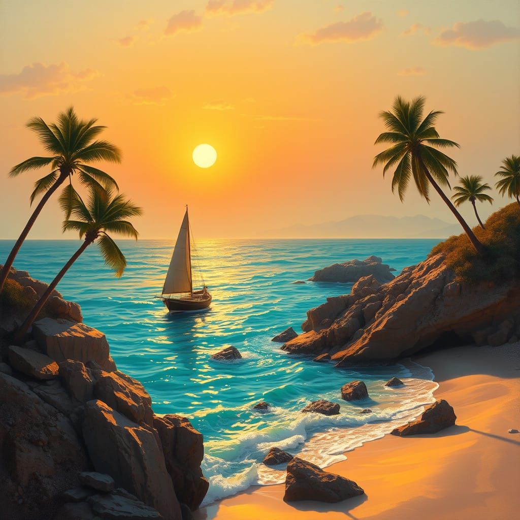 A bright vibrant sunset beach scenery with a boat sailing , beach near the rocks and palm trees , faint mountains in the far sight