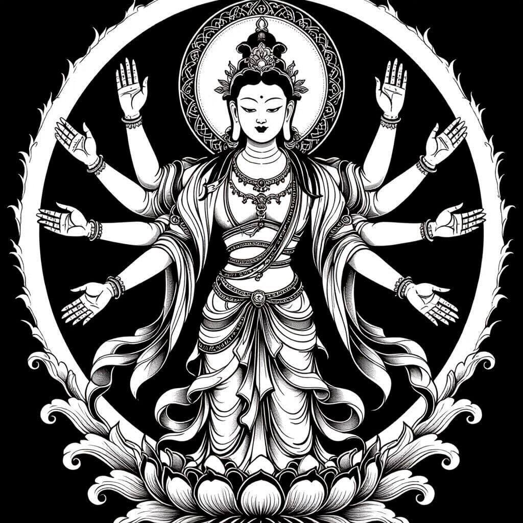 Black and White Tattoo Design of Thousand-Armed Bodhisattva