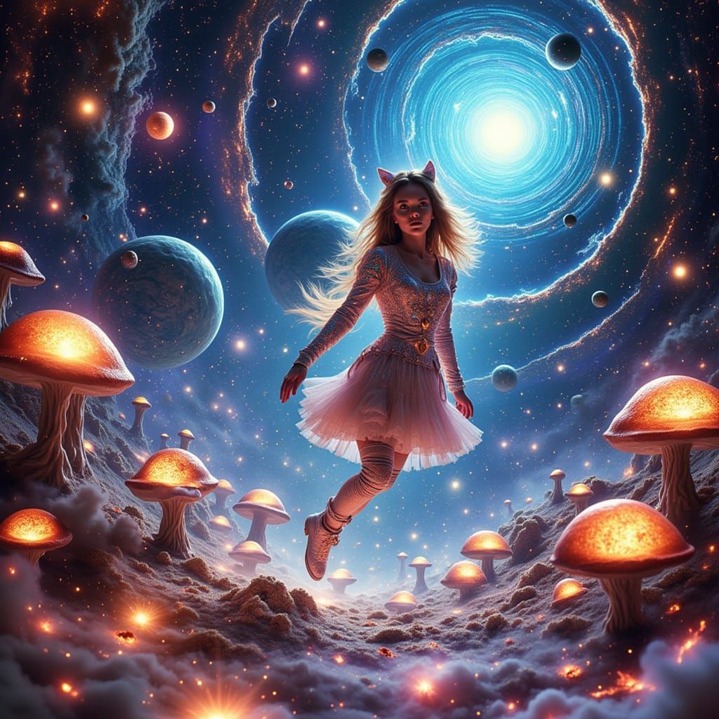 <lora:Cosmic Space Flux:1.0> Alice, dressed in a shimmering, iridescent futuristic outfit, floats through a cosmic landscape filled with gia...