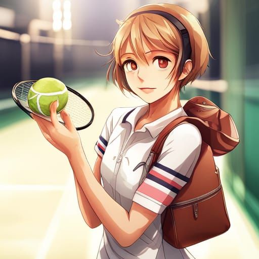 Anime Girl, short brown-gold hair brown eyes, happy, on a te...