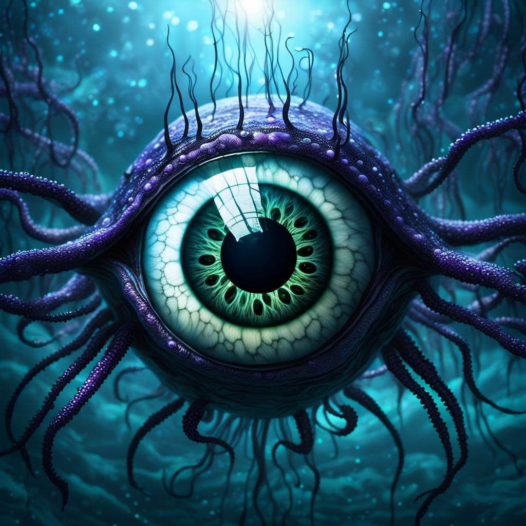 A eerie free-floating magical eyeball with long ((black slimy))  eerie squid tentacles drifts in the ...  by @SilverSeasons