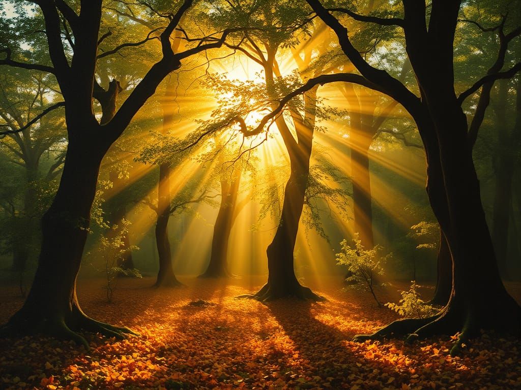 Sunset Autumn Emerald Forest Pre-Raphaelite nature, Alma tadema painting