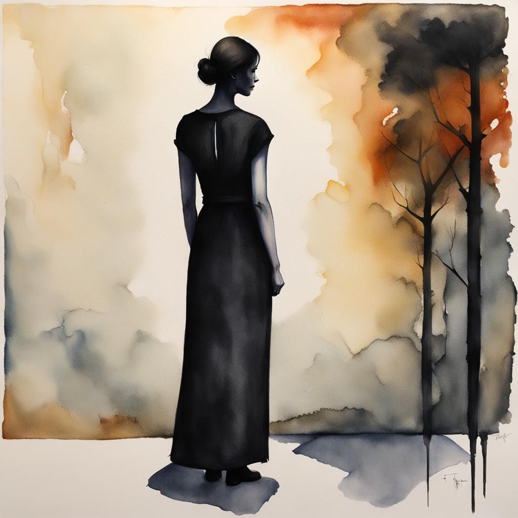 Introspective Woman Gazing at Winter Landscape Watercolor