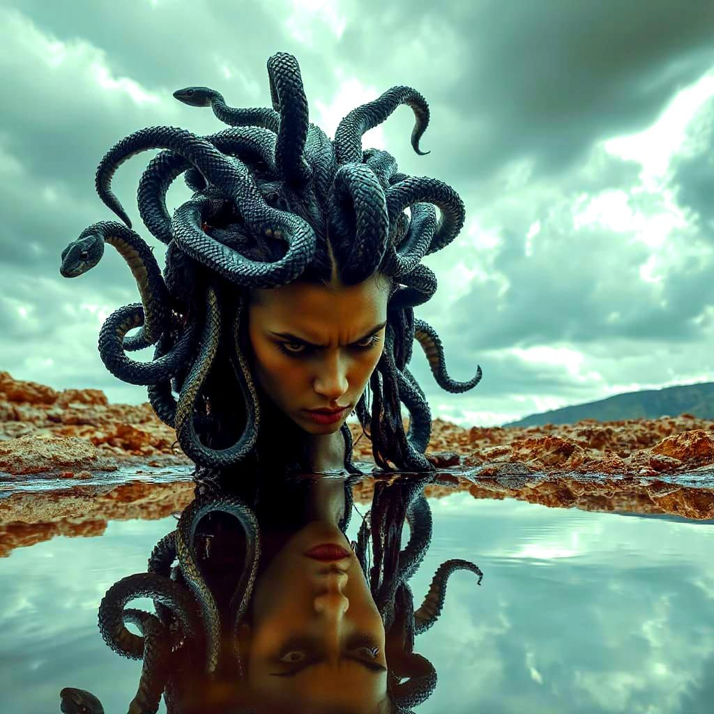 A fierce depiction of Medusa, the Gorgon, glaring down angrily at her reflection in a pristine, still pool of water. Her serpent hair writhe...