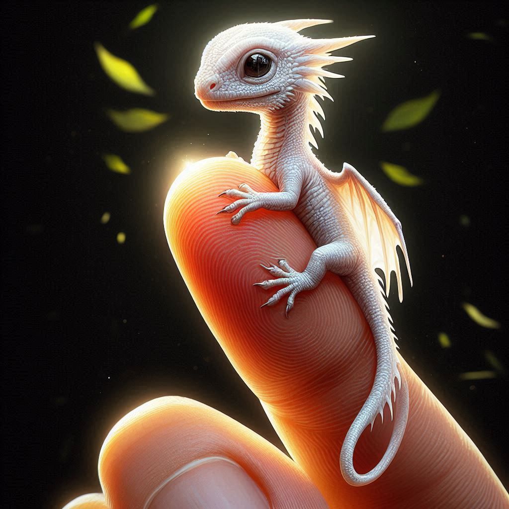 Un dragón en miniatura, sobre una mano humana......
