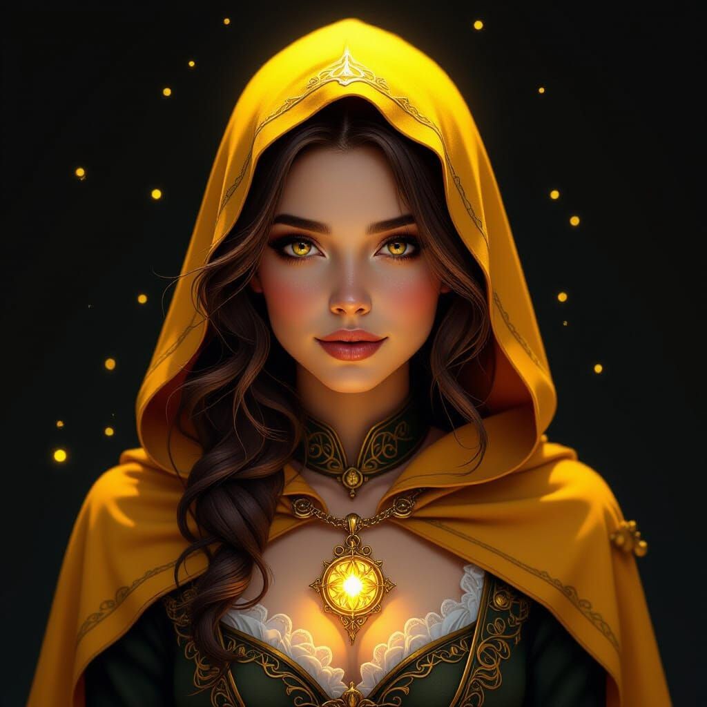 “Unified-style head-and-shoulders portrait of a mystical steampunk pixie Vesselmaiden with soft brown hair, wearing a yellow hood softly glo...