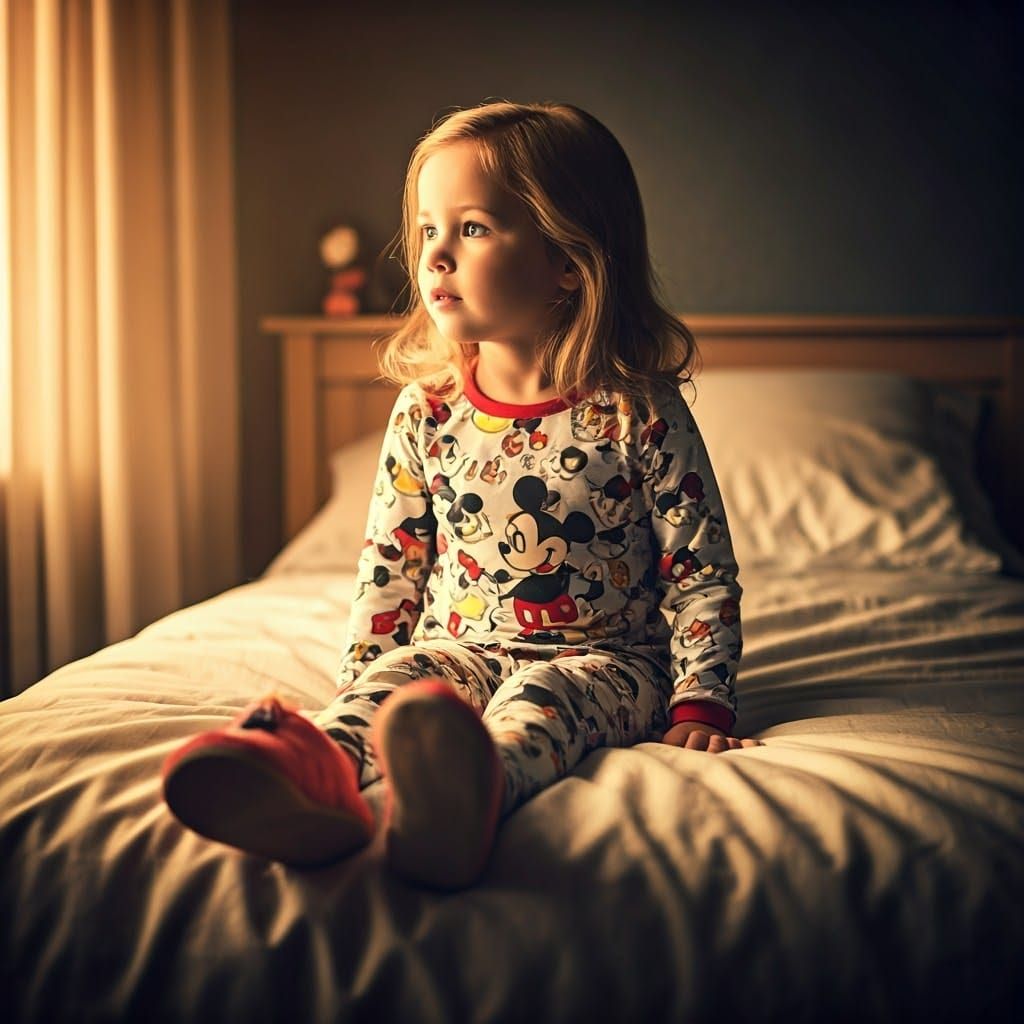 Cozy Nighttime Scene with a Young Girl in a Mickey Mouse Nig...