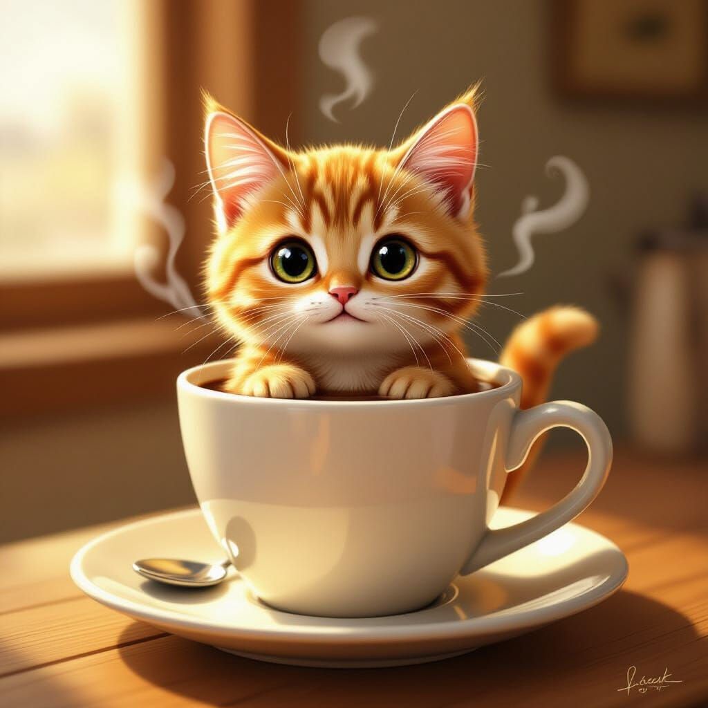 Ginger Cat in Coffee Cup - Whimsical Illustration