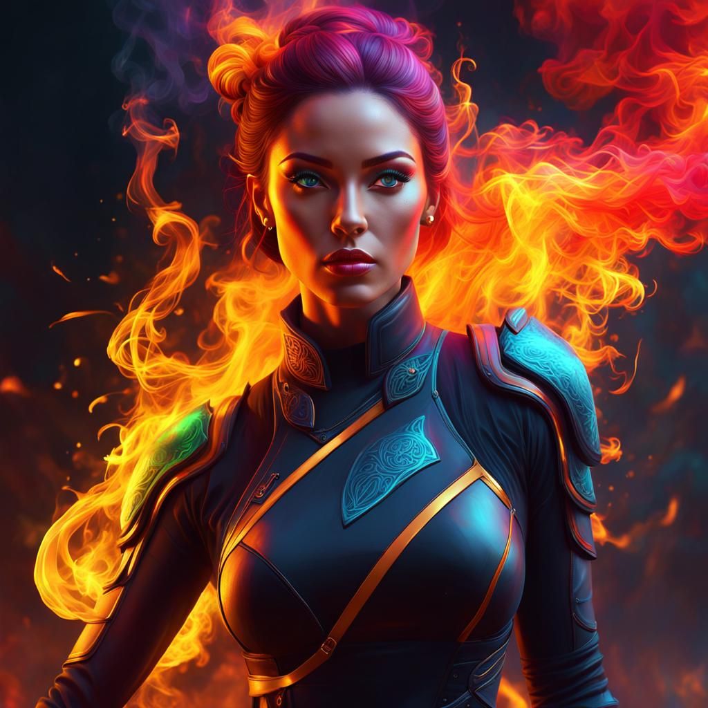 vector transparent girl made of colorful smoke and fire deta...