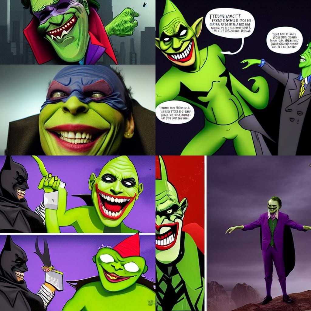 Terry Gross dressed as the Joker captures Avocado Shrek dressed as batman -  AI Generated Artwork - NightCafe Creator