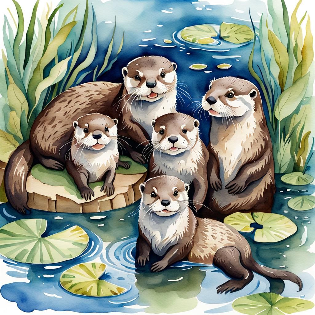 otter family in a pond, watercolor illustration
