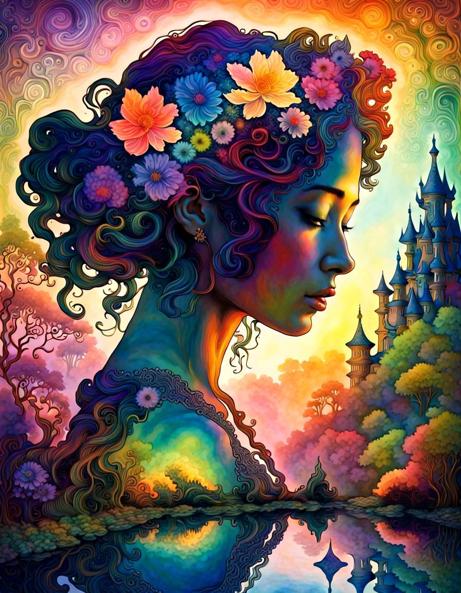 psychedelic colorful silhouette, princess, (double exposure:1.35), "Josephine Wall", "flowery pond"   by @Marek Lame