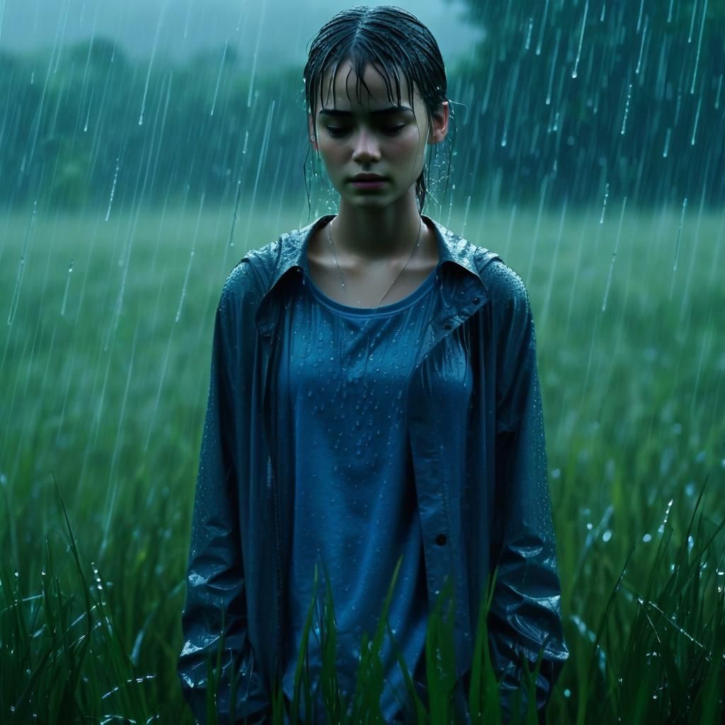 Girl Standing Alone in Rainy Grassy Scene