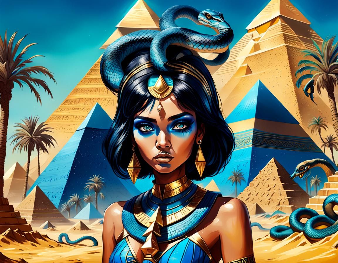 queen of egypt with big black eyes and blue makeup, black ha...