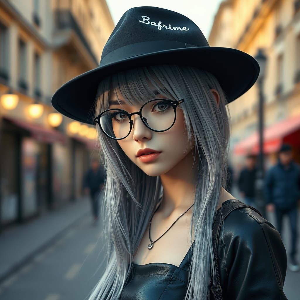 Portrait of a Young Woman with Grey Hair and Black Leather D...