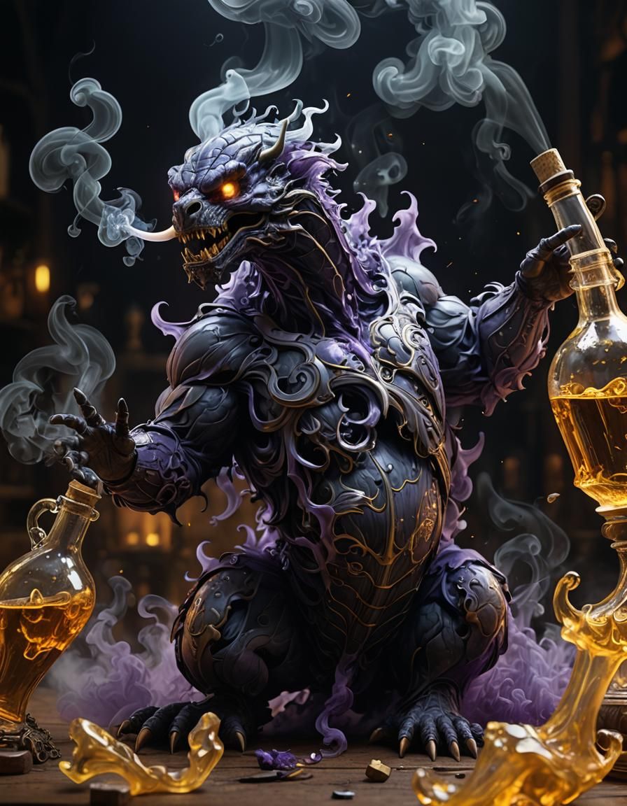 Smoke escaping a bottle, the escaped smoke takes the shape o...