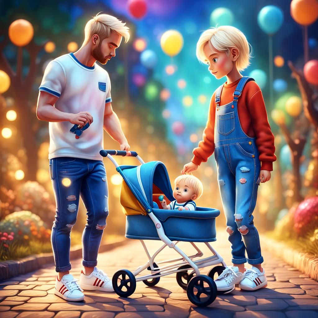 Toddler Pulls Man in Toy Stroller: Fantasy Art